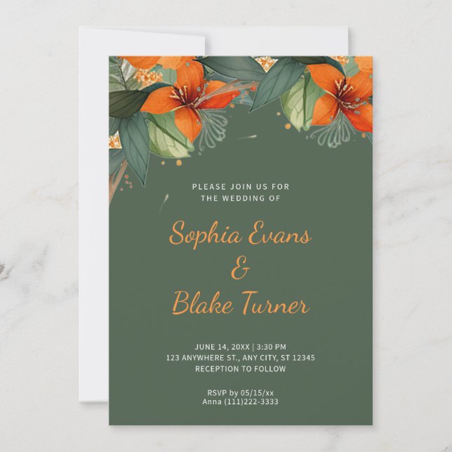 Invitación Naranja y Boda Verde Tropical Floral Verde (Anverso)