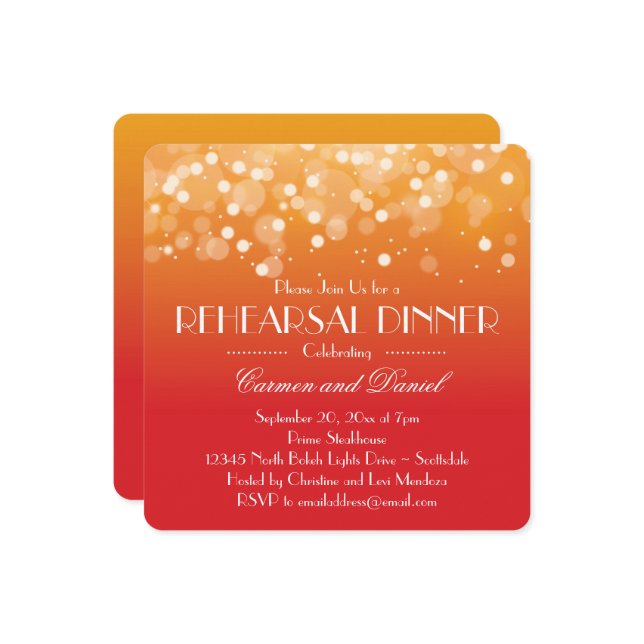 Invitación Naranja y Bokeh de oro Ensayo de cena (Anverso/Reverso In Situ)