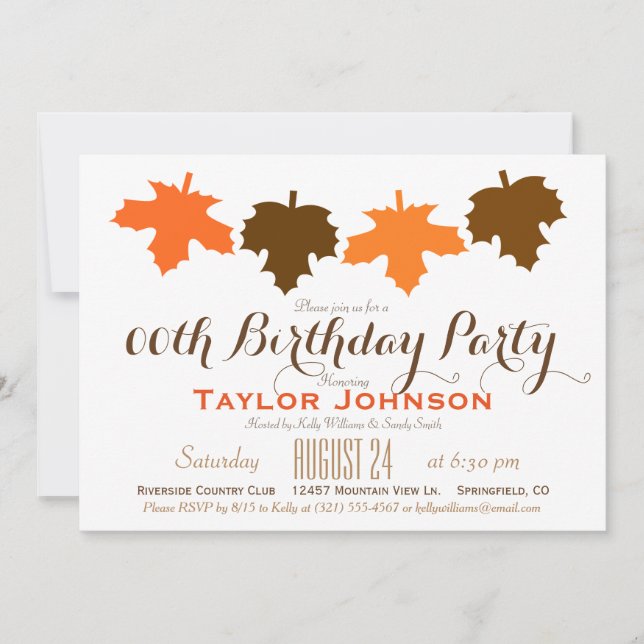 Invitación Naranja y caída marrón deja fiesta de cumpleaños (Anverso)