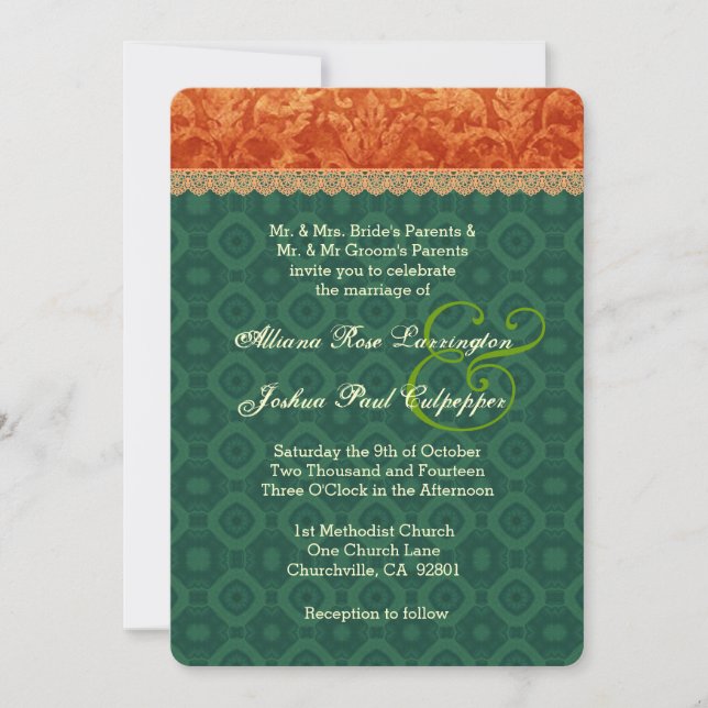 Invitación Naranja y damasco de Forest Green que casa V09 (Anverso)
