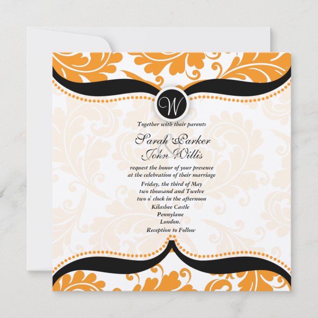 Invitación Naranja y damasco negro Paisley Wedding Invitado (Anverso)