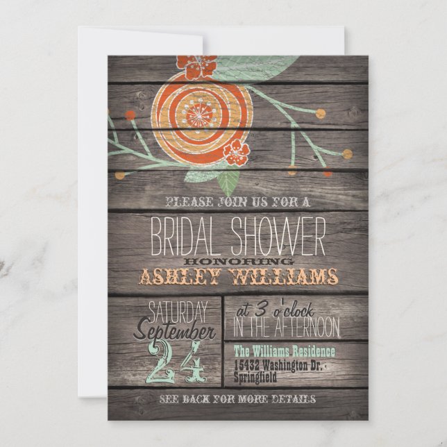 Invitación Naranja y ducha de novia de mint Green Rustic (Anverso)