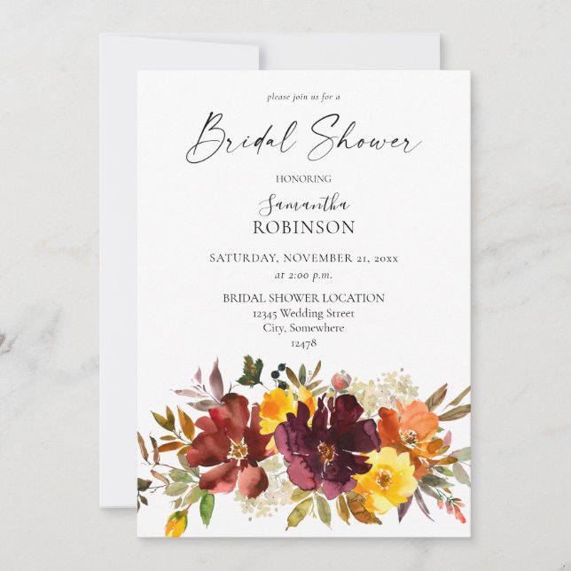 Invitación Naranja y ducha de novia floral de oro amarillo (Anverso)