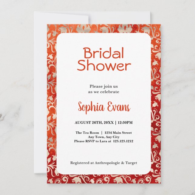 Invitación Naranja y ducha dorada floral blanca para novias (Anverso)