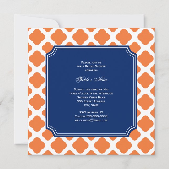 Invitación Naranja y ducha nupcial azul real (Anverso)