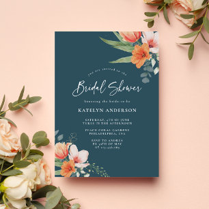 Invitación Naranja y ducha Verde azulada floral de primavera 