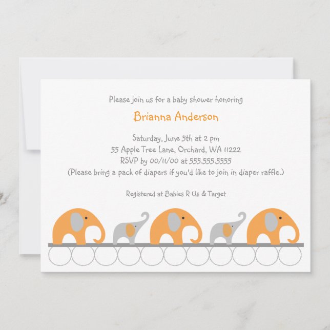 Invitación Naranja y elefantes grises chica ducha de bebé inv (Anverso)