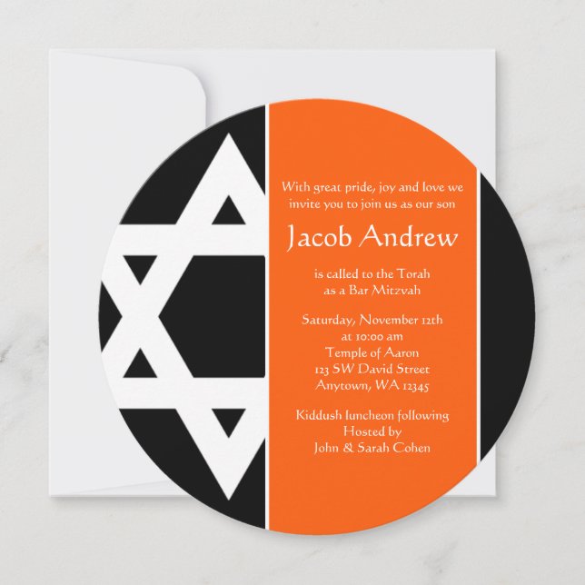 Invitación Naranja y estrella negra de David Round Bar Mitzva (Anverso)