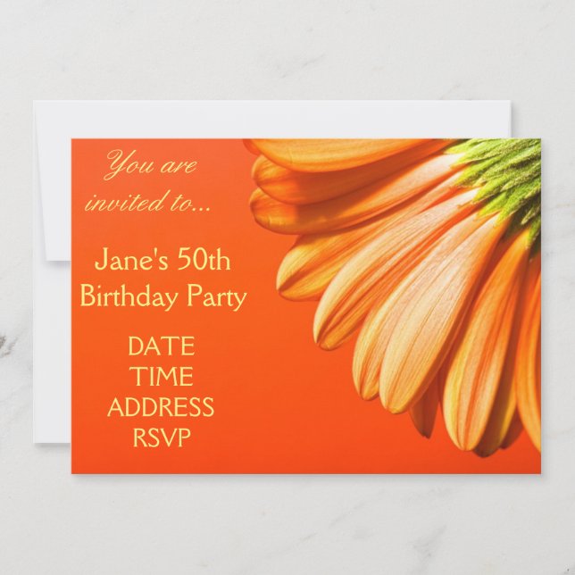 Invitación Naranja y flor Gerbera amarilla 50 cumpleaños (Anverso)