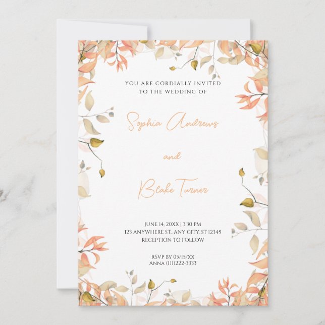 Invitación Naranja y floral verde deja Boda blanco (Anverso)
