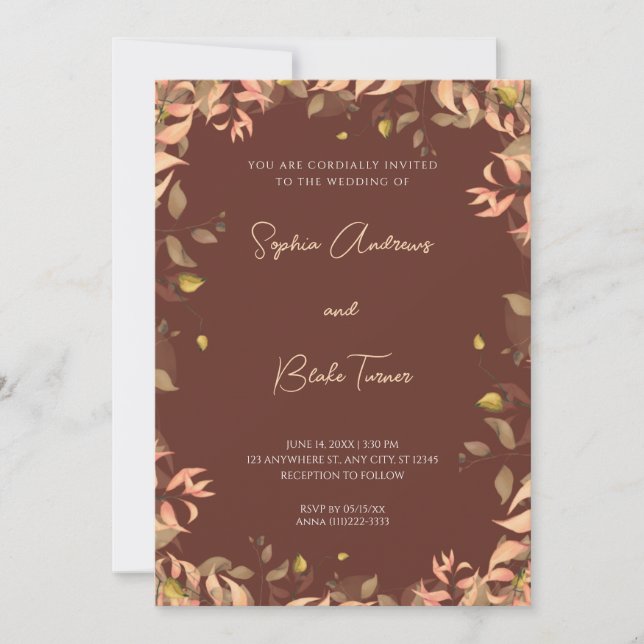 Invitación Naranja y floral verde deja Boda marrón (Anverso)