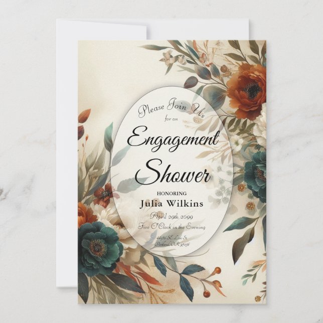 Invitación Naranja y Flores de otoño azules Ducha de compromi (Anverso)