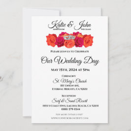 Invitación Naranja y flores rosadas y brillantez-