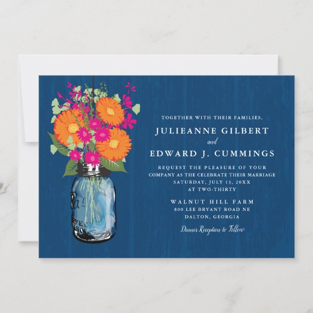 Invitación Naranja y gerente rosado Daisies Mason Jar (Anverso)