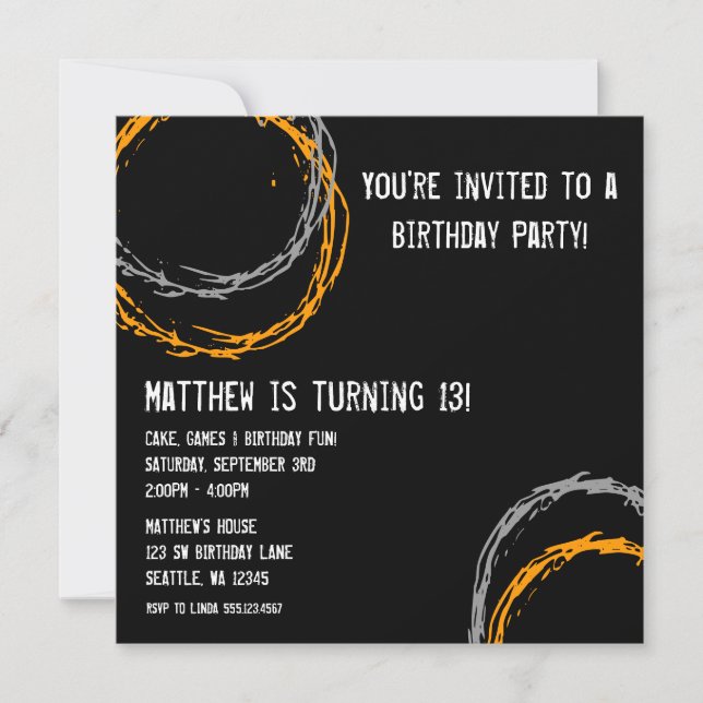 Invitación Naranja y gris grunge Círculos de niño fiesta de c (Anverso)