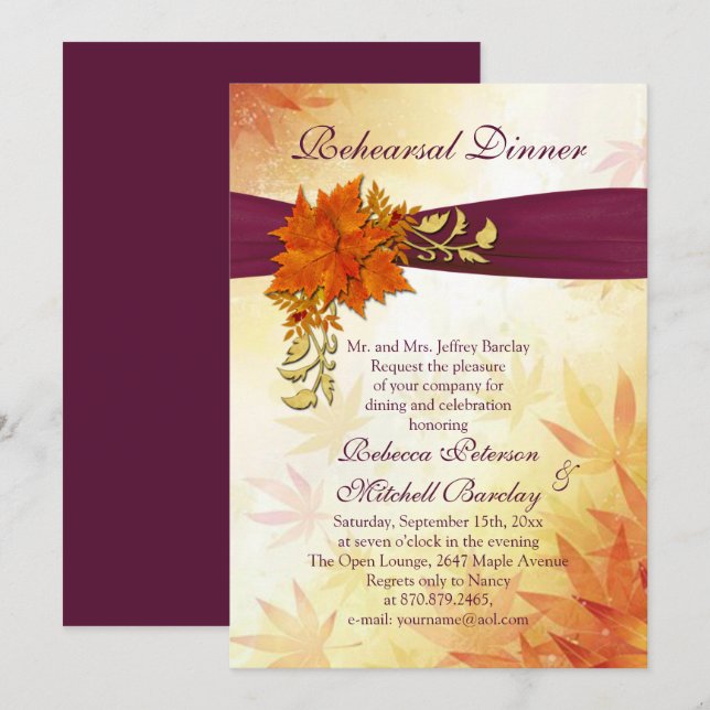 Invitación Naranja y hojas otoñales de oro Ensayo Cena (Anverso / Reverso)