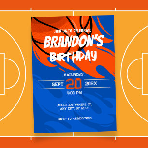Invitación Naranja y juguetón azul cumpleaños de baloncesto