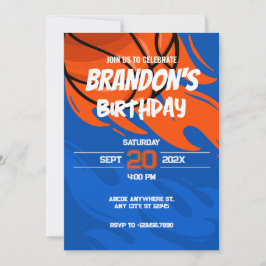 Invitación Naranja y juguetón azul cumpleaños de baloncesto