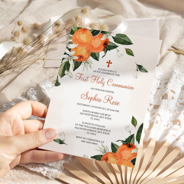 Invitación Naranja y Lilies Floral Primera Santa Comunión (Subido por el creador)