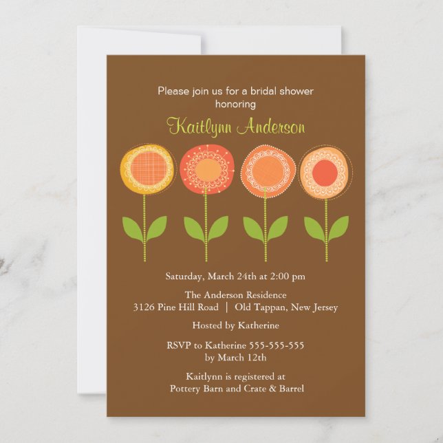 Invitación Naranja y marrón florecen novias invitan a ducha (Anverso)