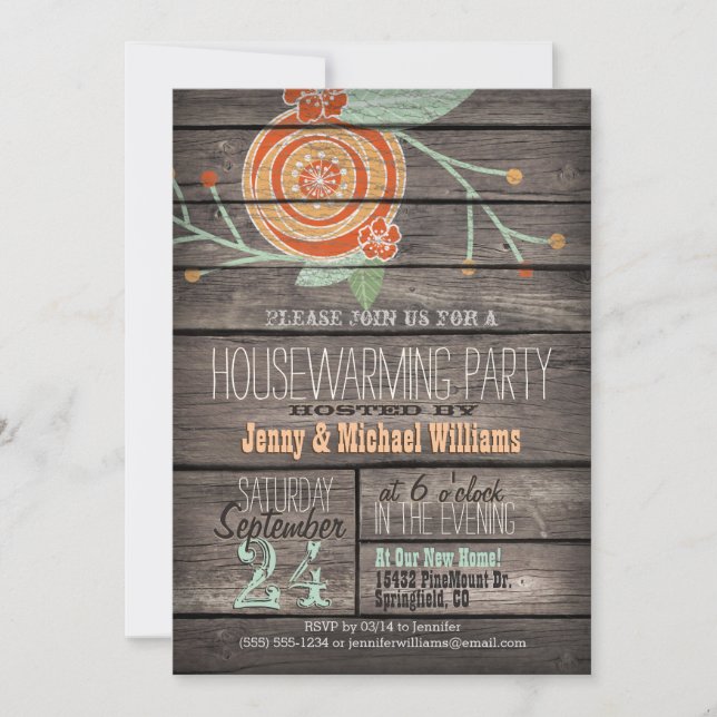 Invitación Naranja y Mint Green; Fiesta Rústico del Calentami (Anverso)