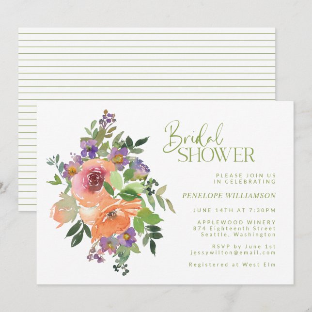 Invitación Naranja y morada acuarela floral ducha de novia (Anverso / Reverso)