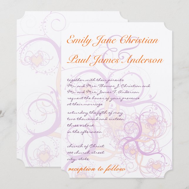 Invitación Naranja y morado Boda de Swirls y Hearts (Anverso / Reverso)