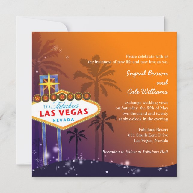 Invitación Naranja y morado Crepúsculo Boda Las Vegas (Anverso)
