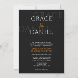 Invitación Naranja y negro Boda moderno de nombres de sombra