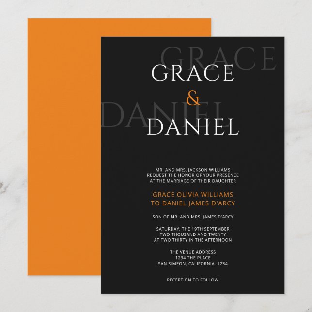 Invitación Naranja y negro Boda moderno de nombres de sombra (Anverso / Reverso)