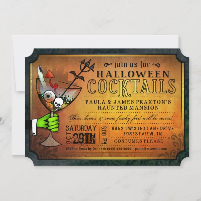 Invitación Naranja y negro de cócteles de Halloween invitan a (Anverso)