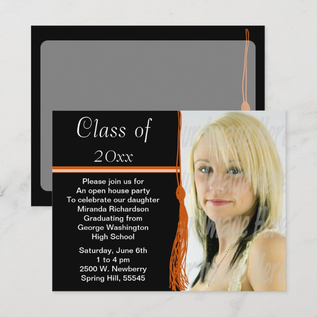 Invitación Naranja y negro del Tassel Photo Graduation Party (Anverso / Reverso)