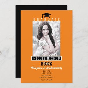 Invitación Naranja y negro Fiesta de fotografía de graduación