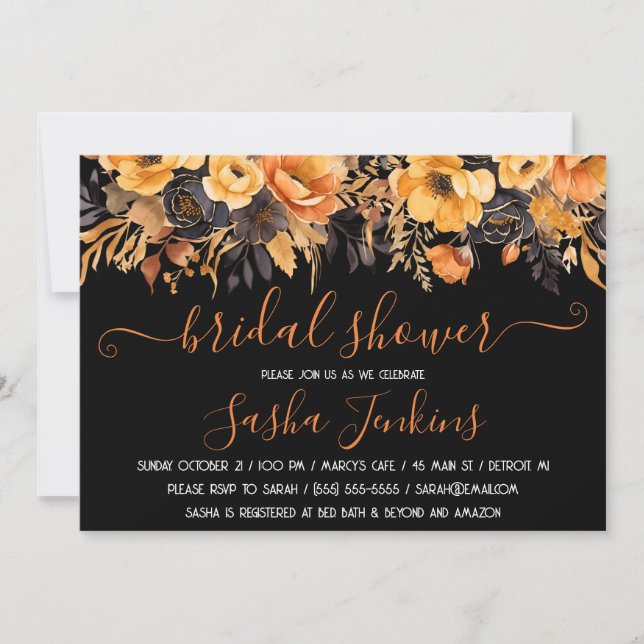 Invitación Naranja y negro, Halloween, Floral Bridal Shower (Anverso)