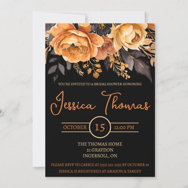 Invitación Naranja y negro, Halloween, Floral Bridal Shower (Anverso)