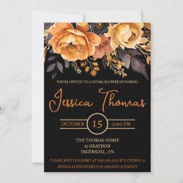 Invitación Naranja y negro, Halloween, Floral Bridal Shower