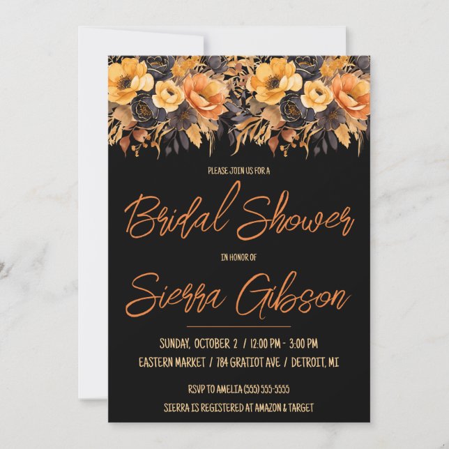Invitación Naranja y negro, Halloween, Floral Bridal Shower (Anverso)
