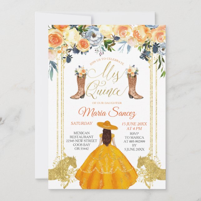 Invitación Naranja y oro del oeste Charra Mis Quince Invitati (Anverso)