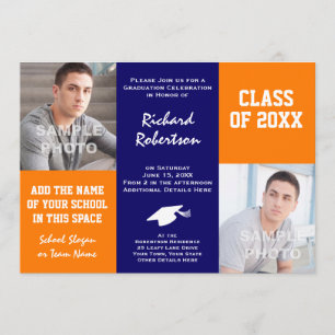 Invitación Naranja y Personalizado Azul de la Marina Graduaci