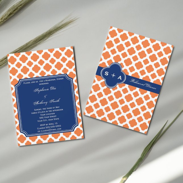 Invitación Naranja y Real Cena de Quatrefoil Azul (Subido por el creador)