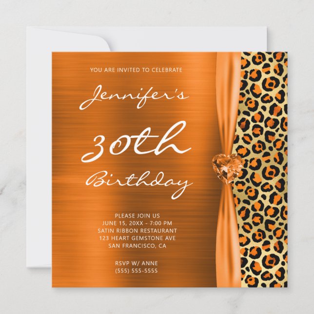 Invitación Naranja y Relieve metalizado Gold Leopard 30 cumpl (Anverso)