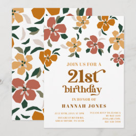 Invitación Naranja y retro marrón 70s Floral 21º cumpleaños