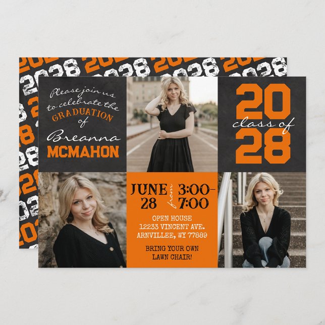 Invitación Naranja y tablero negro 3 Graduación de fotos (Unique Trendy Orange and Black Graduation 3 Photo Chalkboard Invitations)