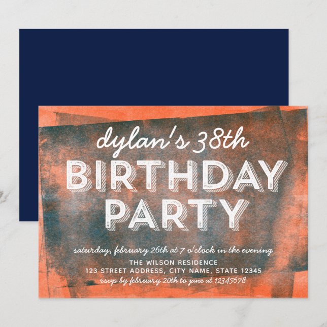Invitación Naranja y tinta rodada azul cualquier cumpleaños d (Anverso / Reverso)
