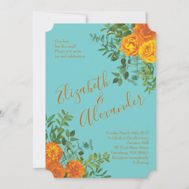 Invitación Naranja y Verde azulado Aqua Peony y Rosa Boda Flo (Anverso)