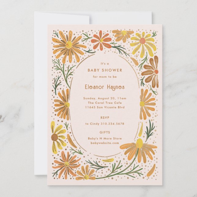 Invitación Naranja y Yellow Daisies Baby Shower (Anverso)