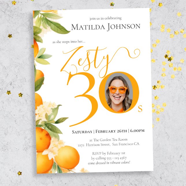 Invitación Naranja Zesty Foto 30 cumpleaños Fiesta (Mockup View)