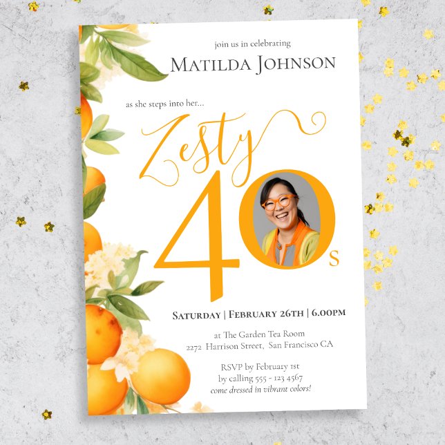Invitación Naranja Zesty Foto 40th Birthday Fiesta (Mockup View)