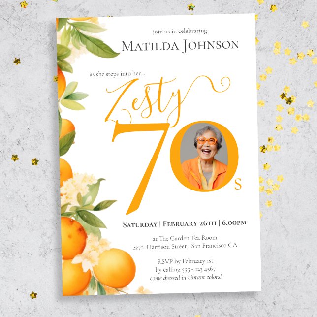 Invitación Naranja Zesty Foto 70 cumpleaños (Mockup View)