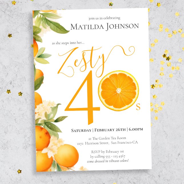 Invitación Naranja Zesty Fun 40 aniversario Fiesta (Mockup View)